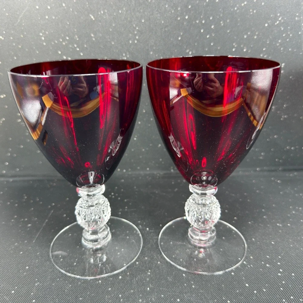 Morgantown Golf Ball Ruby Red Water Goblets Clear Stem Vintage Glassware Set 2